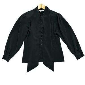 Oscar de la Renta Black Textured Button Up Puff Sleeve Blouse with Neck Tie 8